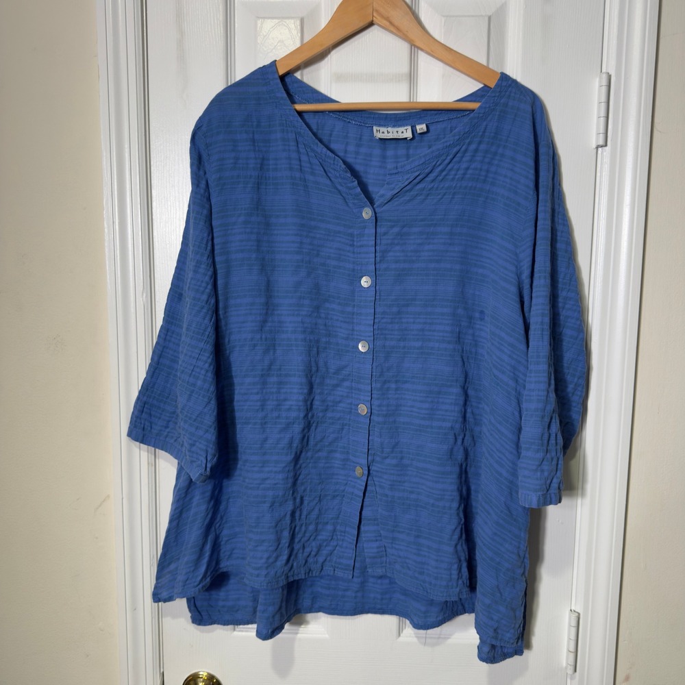 Habitat Textured Stripe Button Front‎ Tunic Top Blue XXL Cotton Tencel Blend